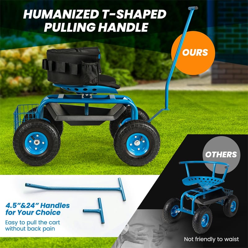 Rolling Garden Cart Workseat Garden Scooter with 360 Degree Swivel Cushioned Seat & Tool Storage, 2 Steering Handles
