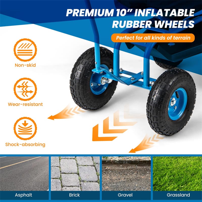 Rolling Garden Cart Workseat Garden Scooter with 360 Degree Swivel Cushioned Seat & Tool Storage, 2 Steering Handles