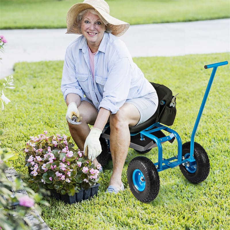 Rolling Garden Cart Workseat Garden Scooter with 360 Degree Swivel Cushioned Seat & Tool Storage, 2 Steering Handles