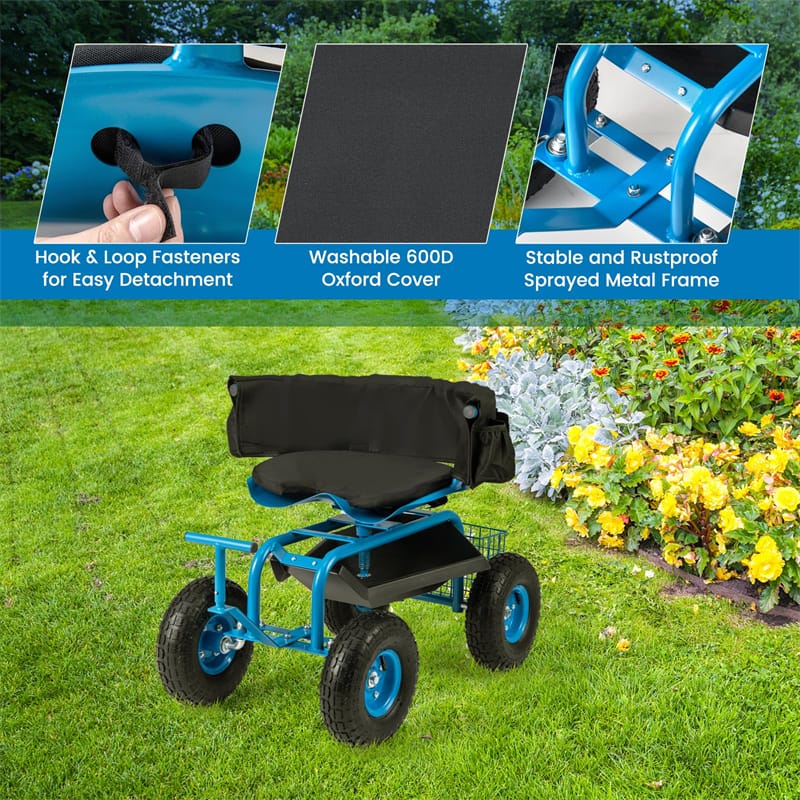Rolling Garden Cart Workseat Garden Scooter with 360 Degree Swivel Cushioned Seat & Tool Storage, 2 Steering Handles