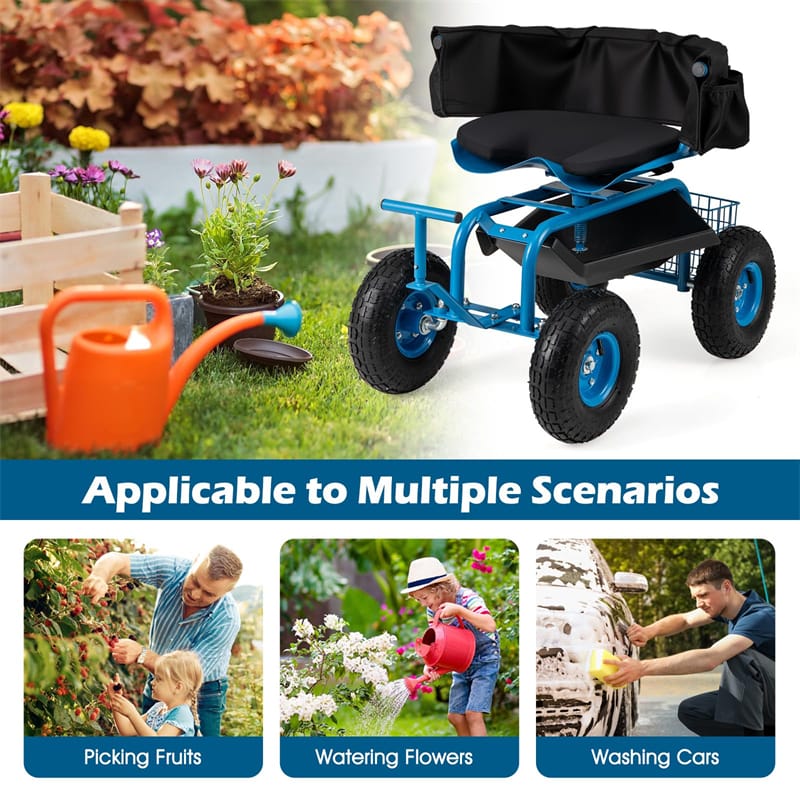 Rolling Garden Cart Workseat Garden Scooter with 360 Degree Swivel Cushioned Seat & Tool Storage, 2 Steering Handles