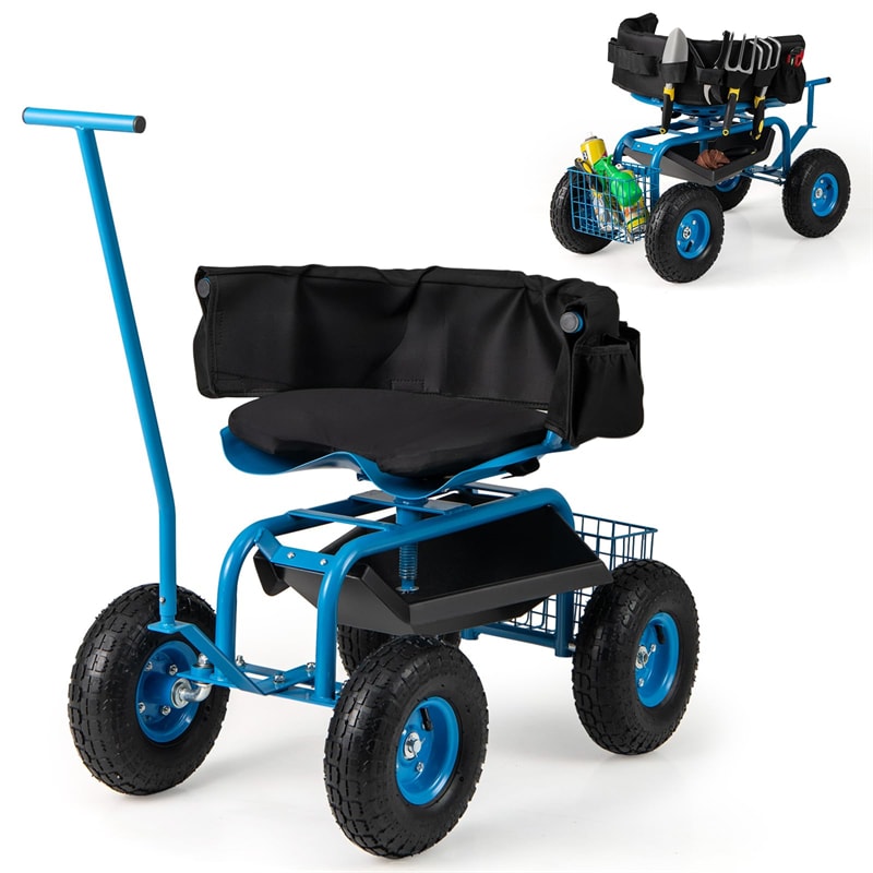 Rolling Garden Cart Workseat Garden Scooter with 360 Degree Swivel Cushioned Seat & Tool Storage, 2 Steering Handles