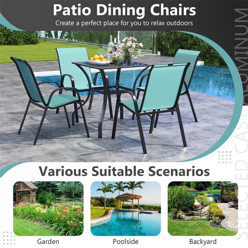 Set of 4 Outdoor Stackable Dining Chairs w/Breathable Fabric, All Weather Heavy Duty Rustproof Steel Frame Patio Lawn Chairs