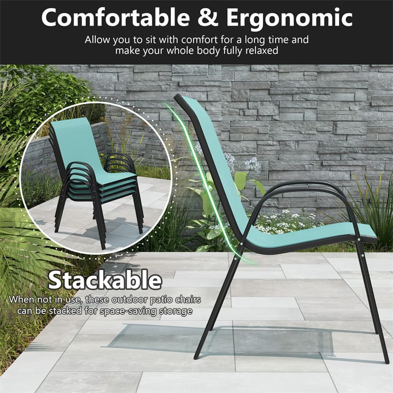 Set of 4 Outdoor Stackable Dining Chairs w/Breathable Fabric, All Weather Heavy Duty Rustproof Steel Frame Patio Lawn Chairs