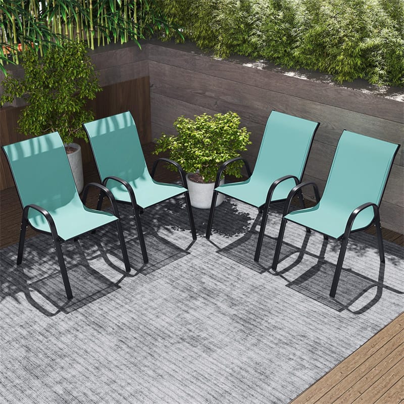 Set of 4 Outdoor Stackable Dining Chairs w/Breathable Fabric, All Weather Heavy Duty Rustproof Steel Frame Patio Lawn Chairs