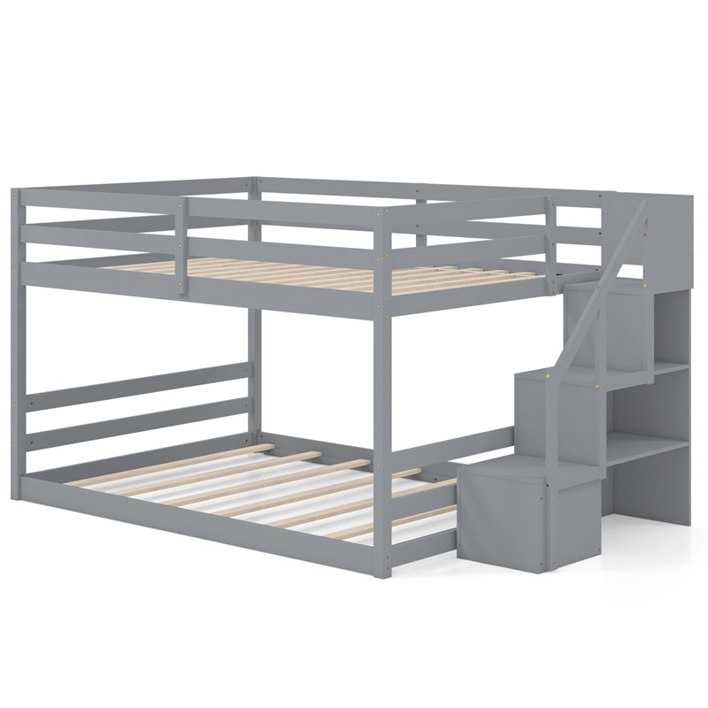 Full Over Full Bunk Bed with Storage Stairs, Solid Wood Floor Bunk Bed with Full-Length Guardrails, Low Bunk Bed with for Kids Teens Adults