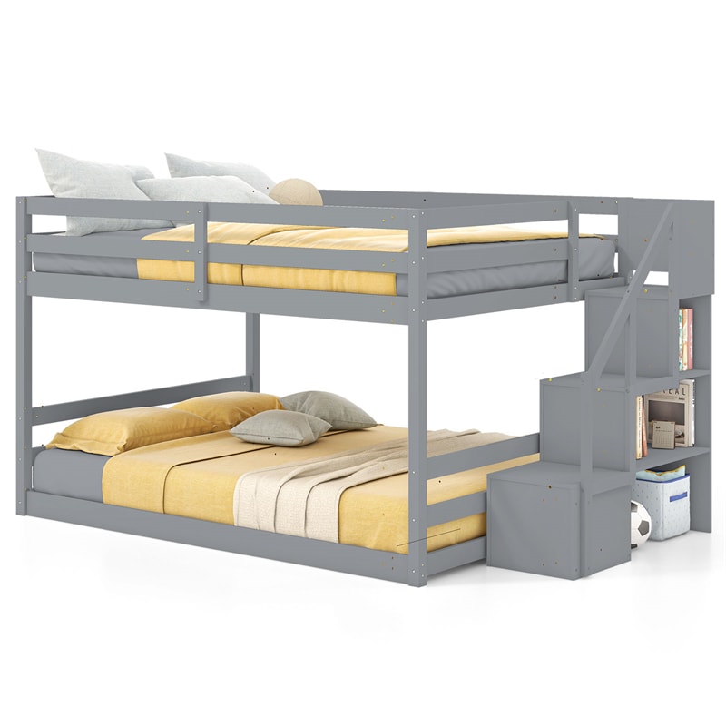 Full Over Full Bunk Bed with Storage Stairs, Solid Wood Floor Bunk Bed with Full-Length Guardrails, Low Bunk Bed with for Kids Teens Adults