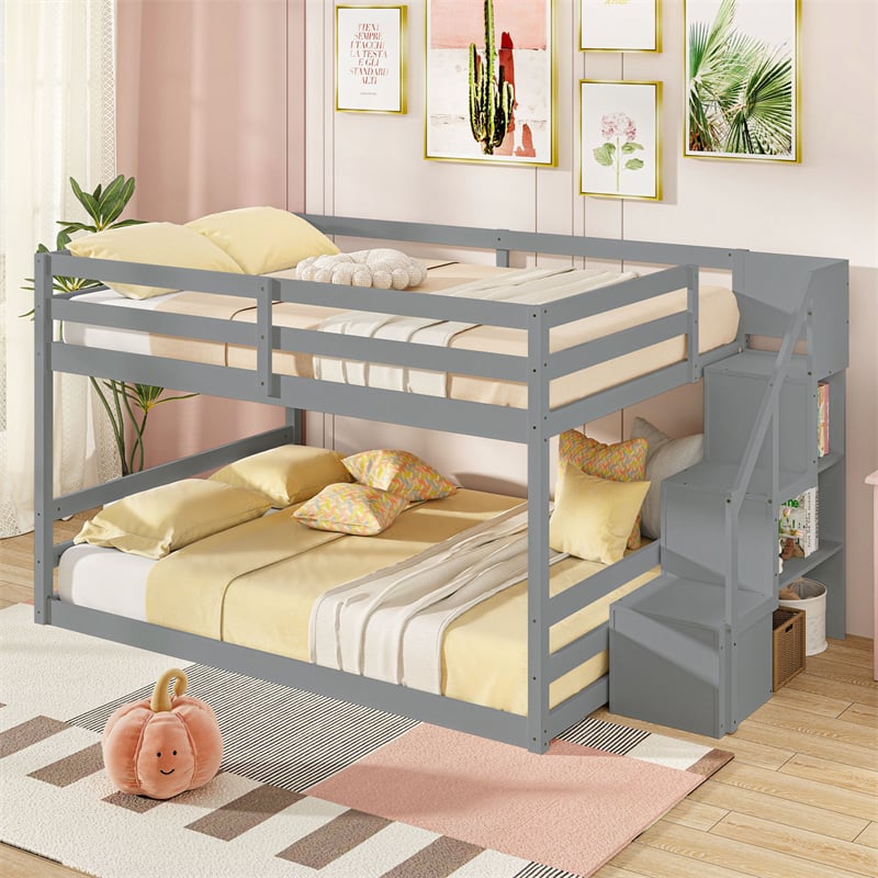 Full Over Full Bunk Bed with Storage Stairs, Solid Wood Floor Bunk Bed with Full-Length Guardrails, Low Bunk Bed with for Kids Teens Adults