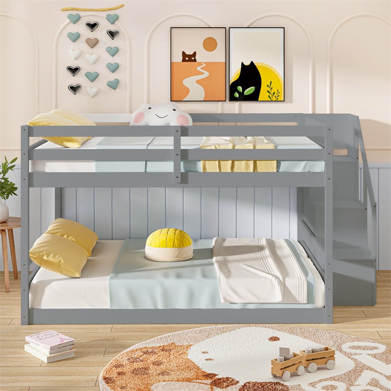 Full Over Full Bunk Bed with Storage Stairs, Solid Wood Floor Bunk Bed with Full-Length Guardrails, Low Bunk Bed with for Kids Teens Adults