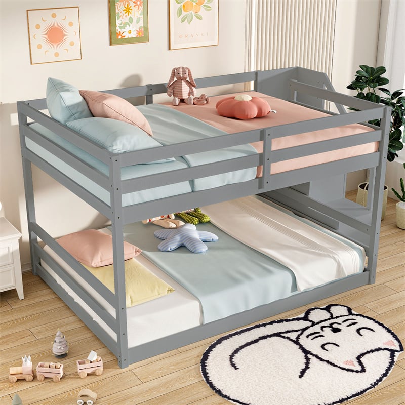 Full Over Full Bunk Bed with Storage Stairs, Solid Wood Floor Bunk Bed with Full-Length Guardrails, Low Bunk Bed with for Kids Teens Adults