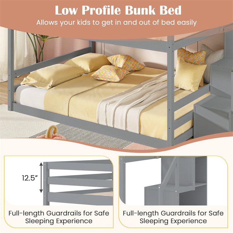 Full Over Full Bunk Bed with Storage Stairs, Solid Wood Floor Bunk Bed with Full-Length Guardrails, Low Bunk Bed with for Kids Teens Adults