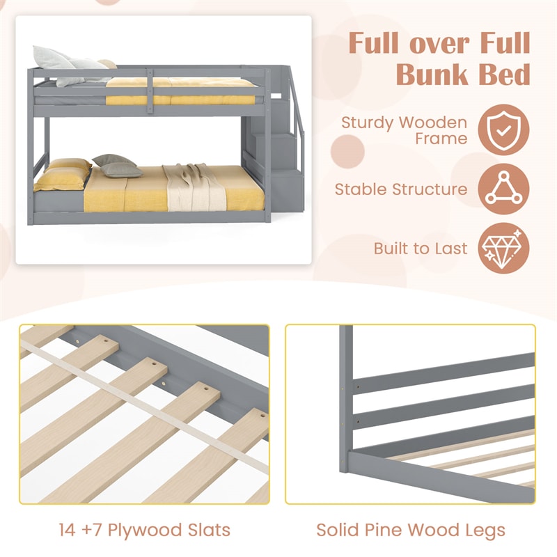 Full Over Full Bunk Bed with Storage Stairs, Solid Wood Floor Bunk Bed with Full-Length Guardrails, Low Bunk Bed with for Kids Teens Adults