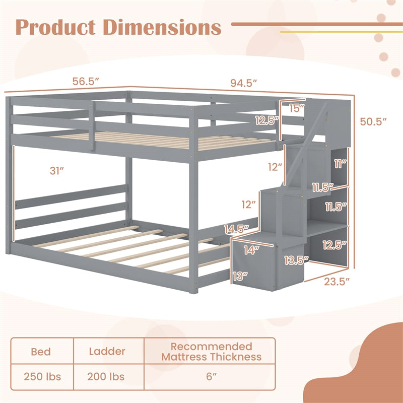Full Over Full Bunk Bed with Storage Stairs, Solid Wood Floor Bunk Bed with Full-Length Guardrails, Low Bunk Bed with for Kids Teens Adults
