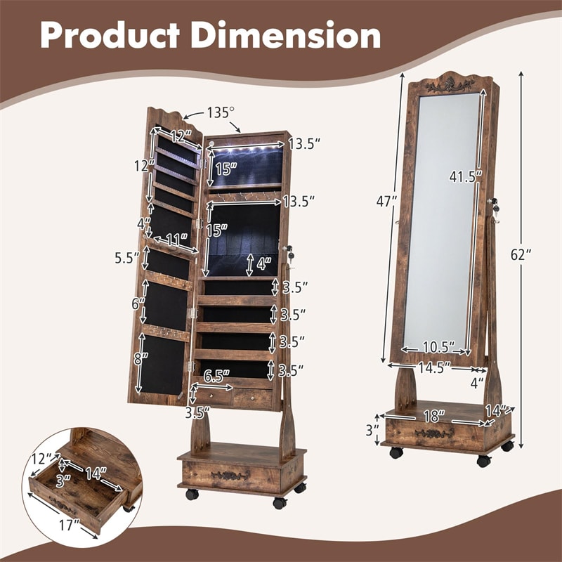 Standing Jewelry Armoire with Full-Length Mirror, Drawers, Lights & Wheels, Lockable Mirror Jewelry Cabinet Storage Organizer