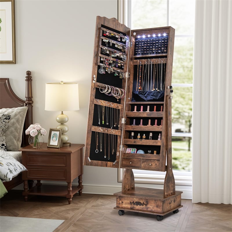 Standing Jewelry Armoire with Full-Length Mirror, Drawers, Lights & Wheels, Lockable Mirror Jewelry Cabinet Storage Organizer