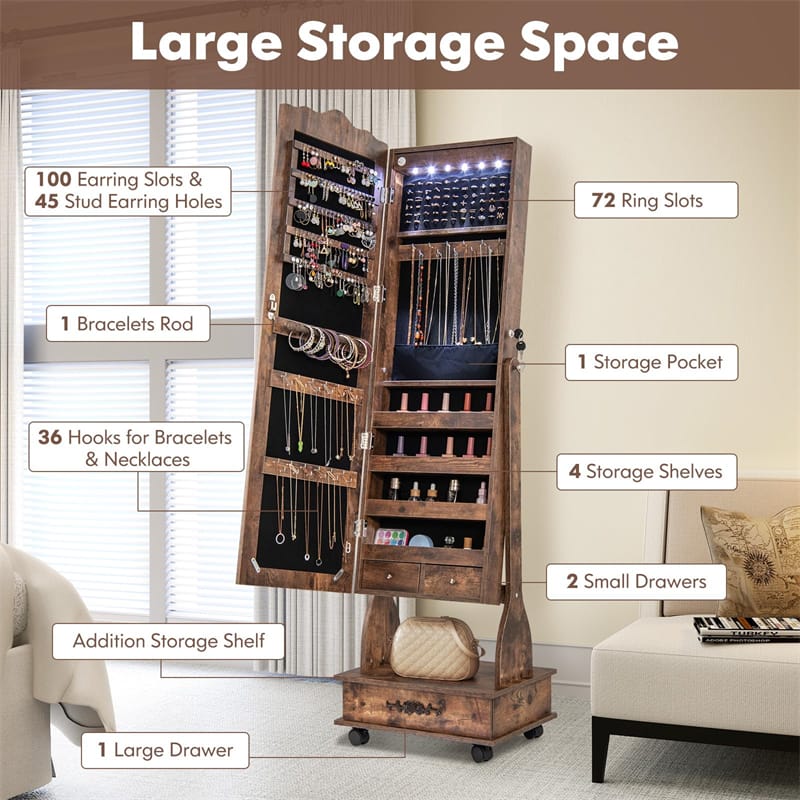 Standing Jewelry Armoire with Full-Length Mirror, Drawers, Lights & Wheels, Lockable Mirror Jewelry Cabinet Storage Organizer