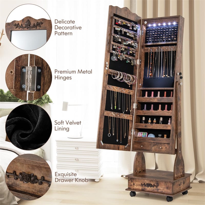Standing Jewelry Armoire with Full-Length Mirror, Drawers, Lights & Wheels, Lockable Mirror Jewelry Cabinet Storage Organizer