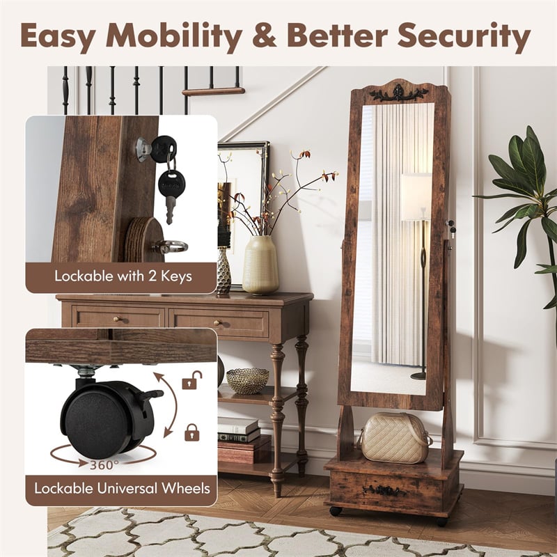 Standing Jewelry Armoire with Full-Length Mirror, Drawers, Lights & Wheels, Lockable Mirror Jewelry Cabinet Storage Organizer