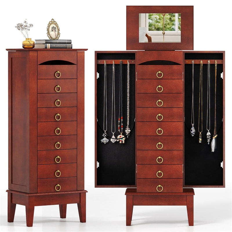 Large Standing Jewelry Armoire Cabinet Wooden Storage Chest with 9 Drawers, 2 Side Doors, 8 Hooks, Top Flip Mirror & Organizer
