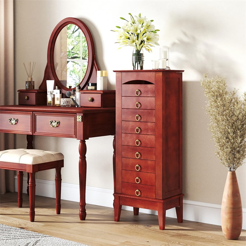 Large Standing Jewelry Armoire Cabinet Wooden Storage Chest with 9 Drawers, 2 Side Doors, 8 Hooks, Top Flip Mirror & Organizer