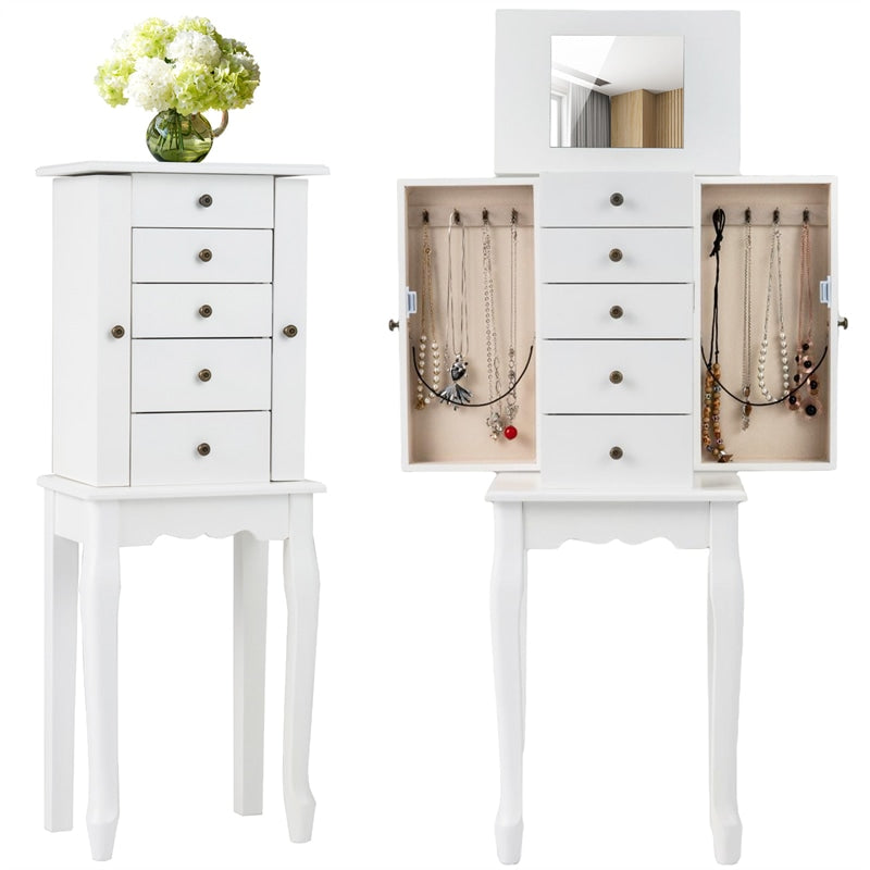 Standing Jewelry Armoire Cabinet with Flip Top Mirror, 4 Drawers, 8 Necklace Hooks & 2 Side Doors, Jewelry Storage Organizer Chest for Bedroom