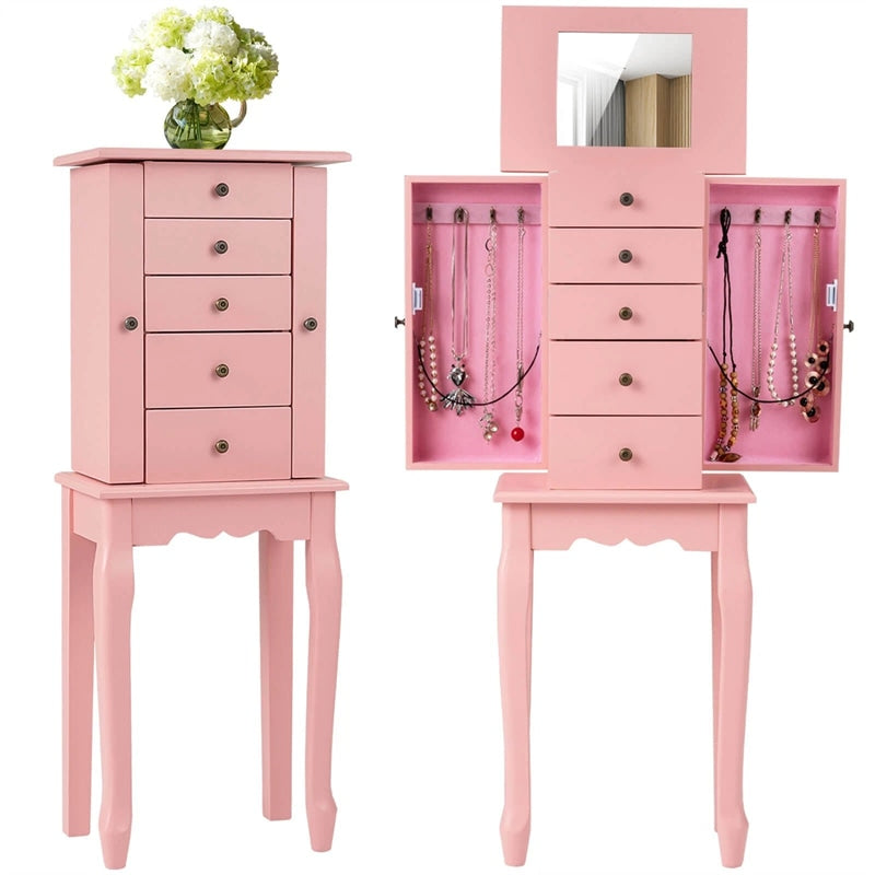 Standing Jewelry Armoire Cabinet with Flip Top Mirror, 4 Drawers, 8 Necklace Hooks & 2 Side Doors, Jewelry Storage Organizer Chest for Bedroom