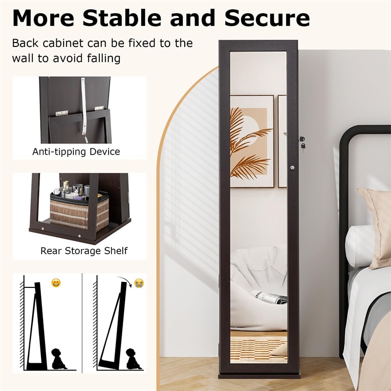 Standing Jewelry Armoire with Full Length Mirror, 2-in-1 Lockable Jewelry Cabinet Organizer Inside Makeup Mirror, Large Storage Capacity