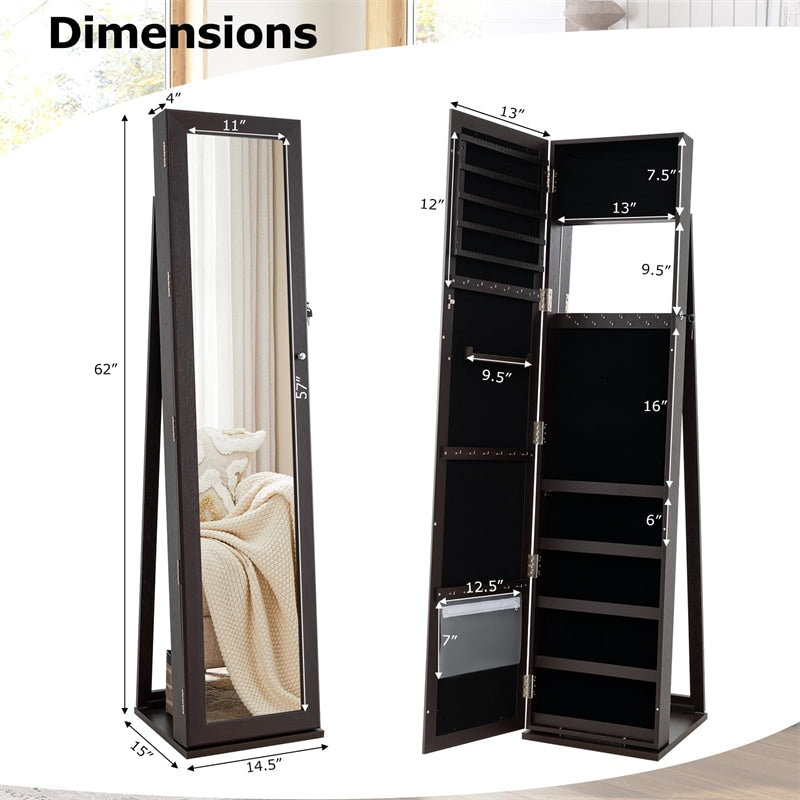 Standing Jewelry Armoire with Full Length Mirror, 2-in-1 Lockable Jewelry Cabinet Organizer Inside Makeup Mirror, Large Storage Capacity