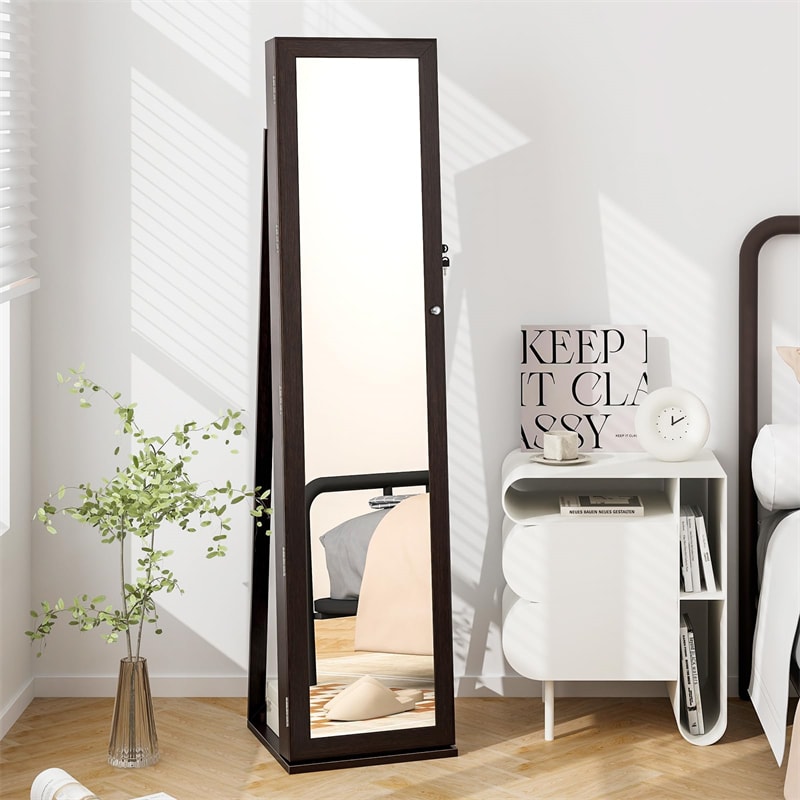 Standing Jewelry Armoire with Full Length Mirror, 2-in-1 Lockable Jewelry Cabinet Organizer Inside Makeup Mirror, Large Storage Capacity