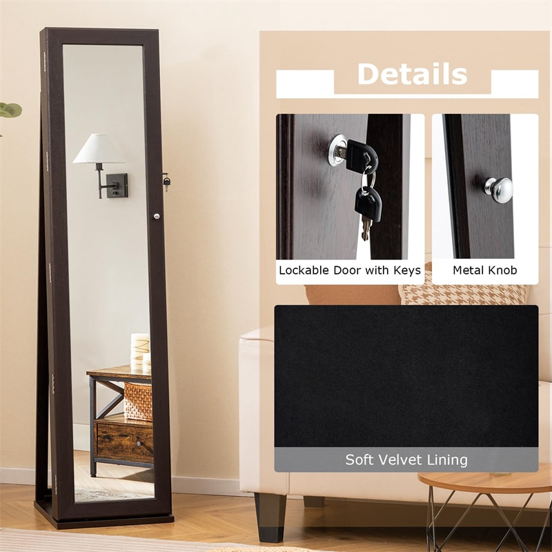 Standing Jewelry Armoire with Full Length Mirror, 2-in-1 Lockable Jewelry Cabinet Organizer Inside Makeup Mirror, Large Storage Capacity