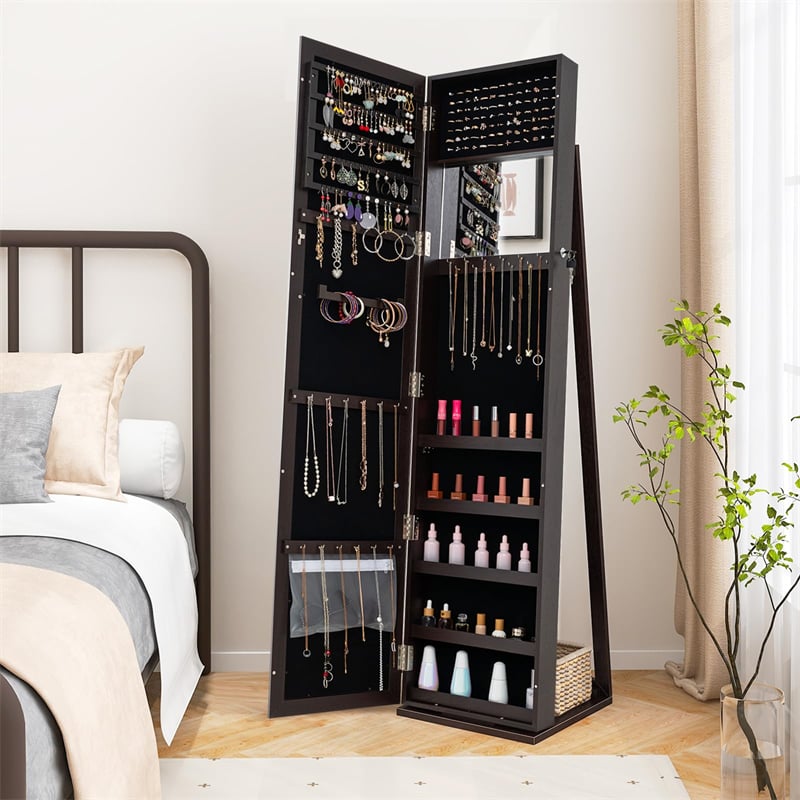 Standing Jewelry Armoire with Full Length Mirror, 2-in-1 Lockable Jewelry Cabinet Organizer Inside Makeup Mirror, Large Storage Capacity