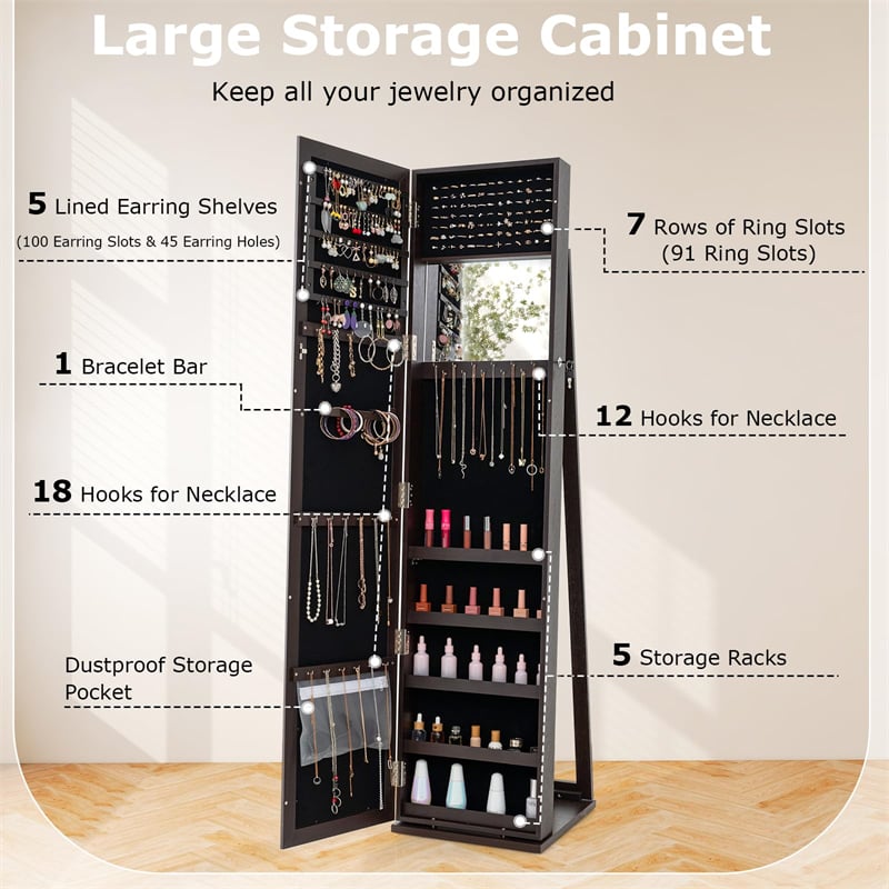 Standing Jewelry Armoire with Full Length Mirror, 2-in-1 Lockable Jewelry Cabinet Organizer Inside Makeup Mirror, Large Storage Capacity