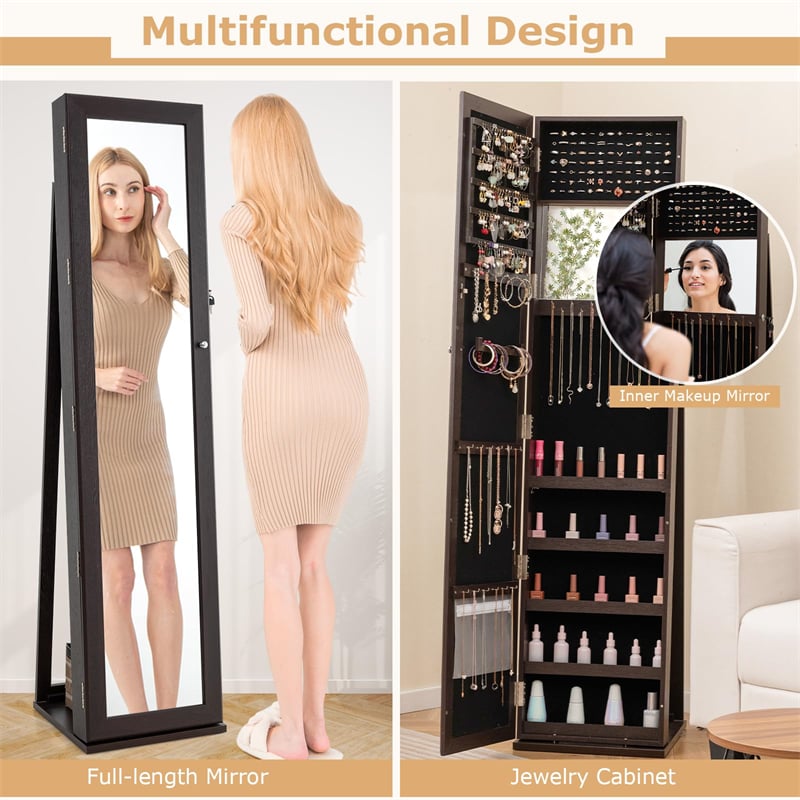 Standing Jewelry Armoire with Full Length Mirror, 2-in-1 Lockable Jewelry Cabinet Organizer Inside Makeup Mirror, Large Storage Capacity