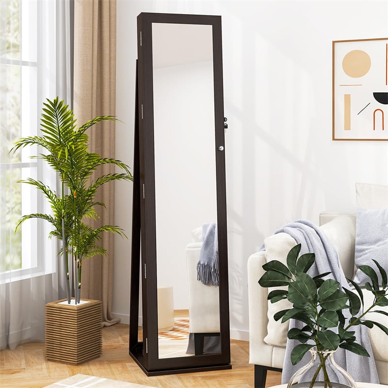 Standing Jewelry Armoire with Full Length Mirror, 2-in-1 Lockable Jewelry Cabinet Organizer Inside Makeup Mirror, Large Storage Capacity