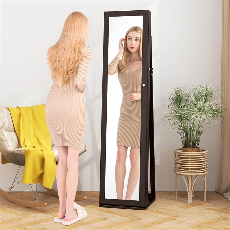 Standing Jewelry Armoire with Full Length Mirror, 2-in-1 Lockable Jewelry Cabinet Organizer Inside Makeup Mirror, Large Storage Capacity