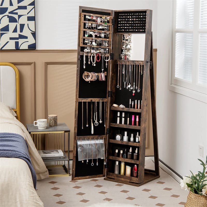 Standing Jewelry Armoire with Full Length Mirror, 2-in-1 Lockable Jewelry Cabinet Organizer Inside Makeup Mirror, Large Storage Capacity