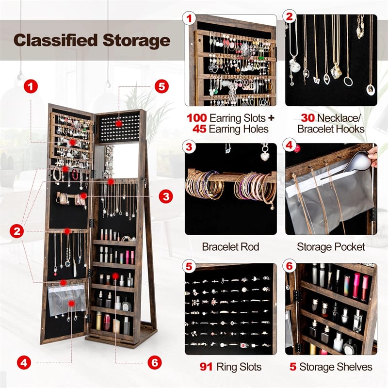 Standing Jewelry Armoire with Full Length Mirror, 2-in-1 Lockable Jewelry Cabinet Organizer Inside Makeup Mirror, Large Storage Capacity