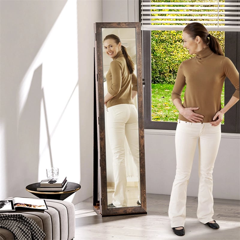 Standing Jewelry Armoire with Full Length Mirror, 2-in-1 Lockable Jewelry Cabinet Organizer Inside Makeup Mirror, Large Storage Capacity