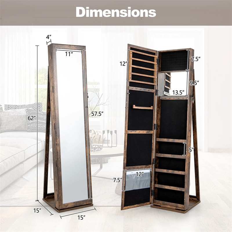 Standing Jewelry Armoire with Full Length Mirror, 2-in-1 Lockable Jewelry Cabinet Organizer Inside Makeup Mirror, Large Storage Capacity