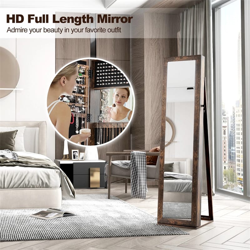 Standing Jewelry Armoire with Full Length Mirror, 2-in-1 Lockable Jewelry Cabinet Organizer Inside Makeup Mirror, Large Storage Capacity
