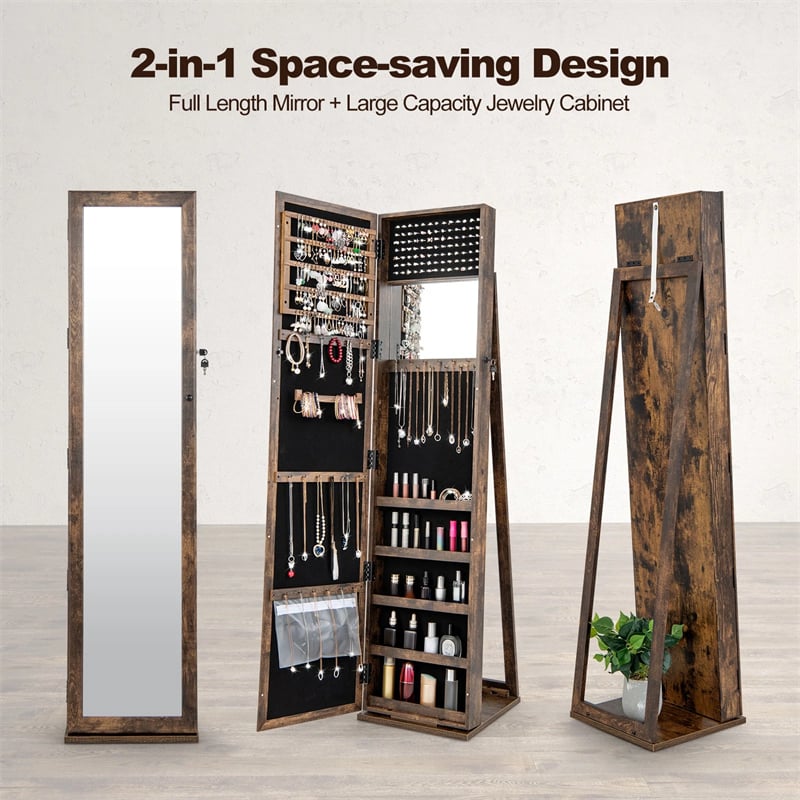 Standing Jewelry Armoire with Full Length Mirror, 2-in-1 Lockable Jewelry Cabinet Organizer Inside Makeup Mirror, Large Storage Capacity