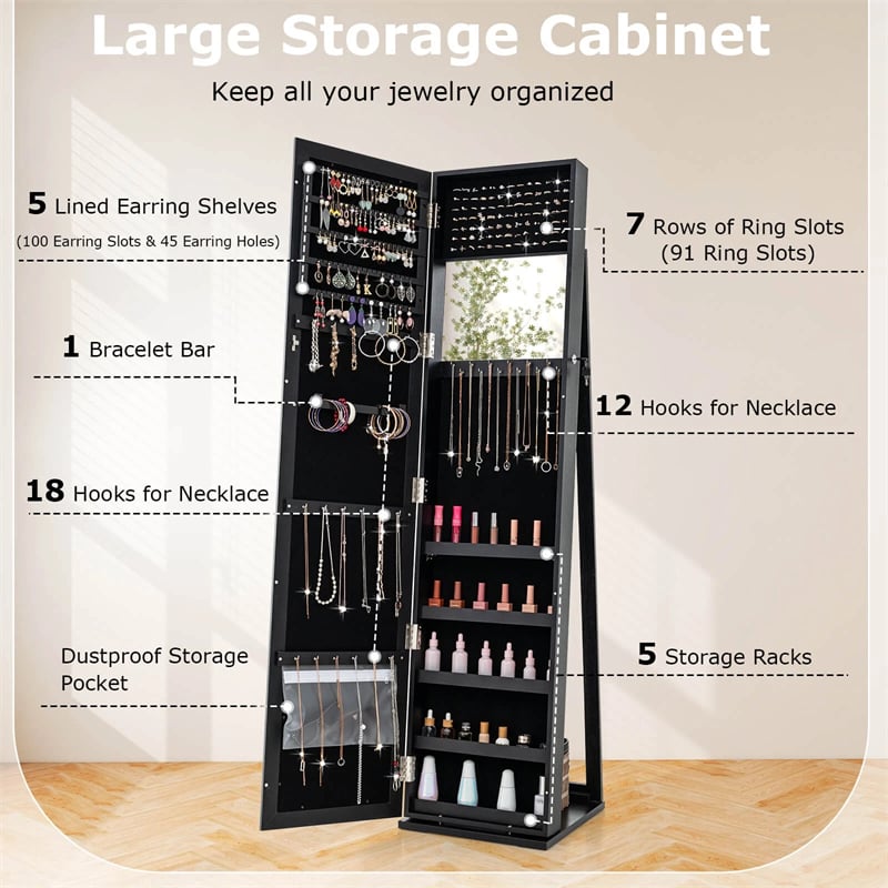 Standing Jewelry Armoire with Full Length Mirror, 2-in-1 Lockable Jewelry Cabinet Organizer Inside Makeup Mirror, Large Storage Capacity