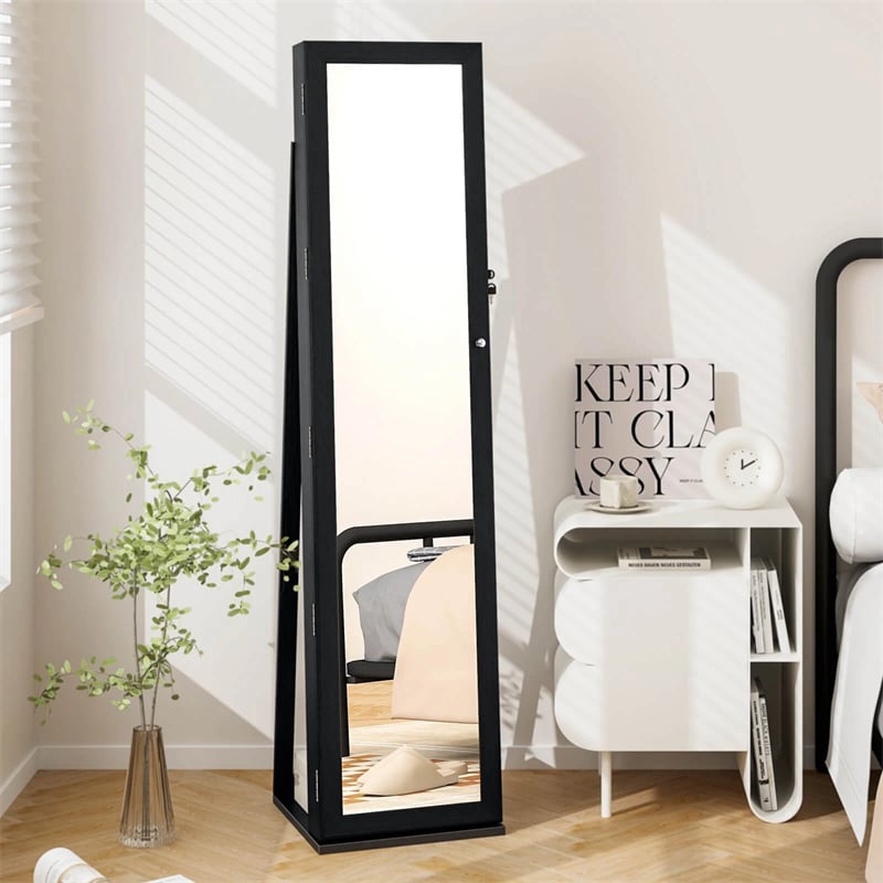 Standing Jewelry Armoire with Full Length Mirror, 2-in-1 Lockable Jewelry Cabinet Organizer Inside Makeup Mirror, Large Storage Capacity