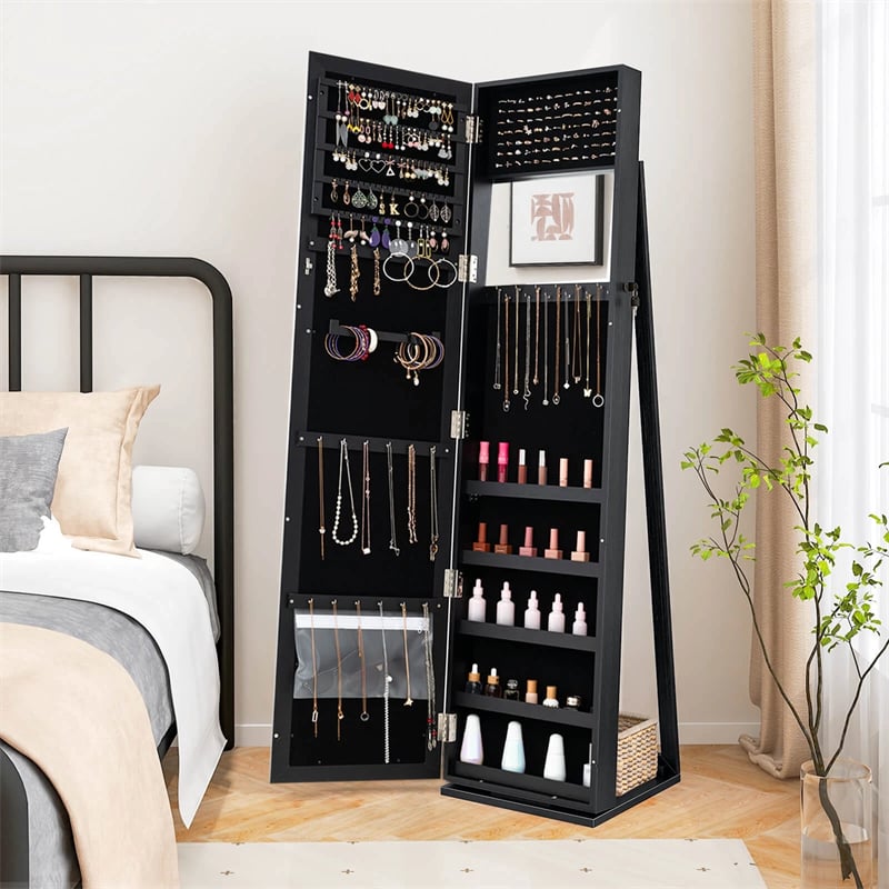 Standing Jewelry Armoire with Full Length Mirror, 2-in-1 Lockable Jewelry Cabinet Organizer Inside Makeup Mirror, Large Storage Capacity