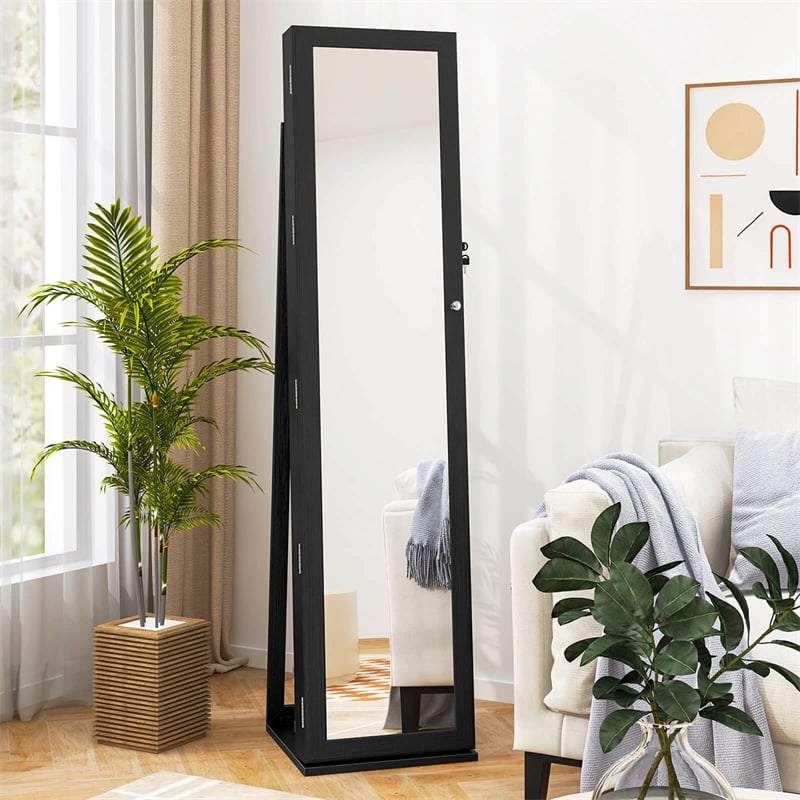 Standing Jewelry Armoire with Full Length Mirror, 2-in-1 Lockable Jewelry Cabinet Organizer Inside Makeup Mirror, Large Storage Capacity