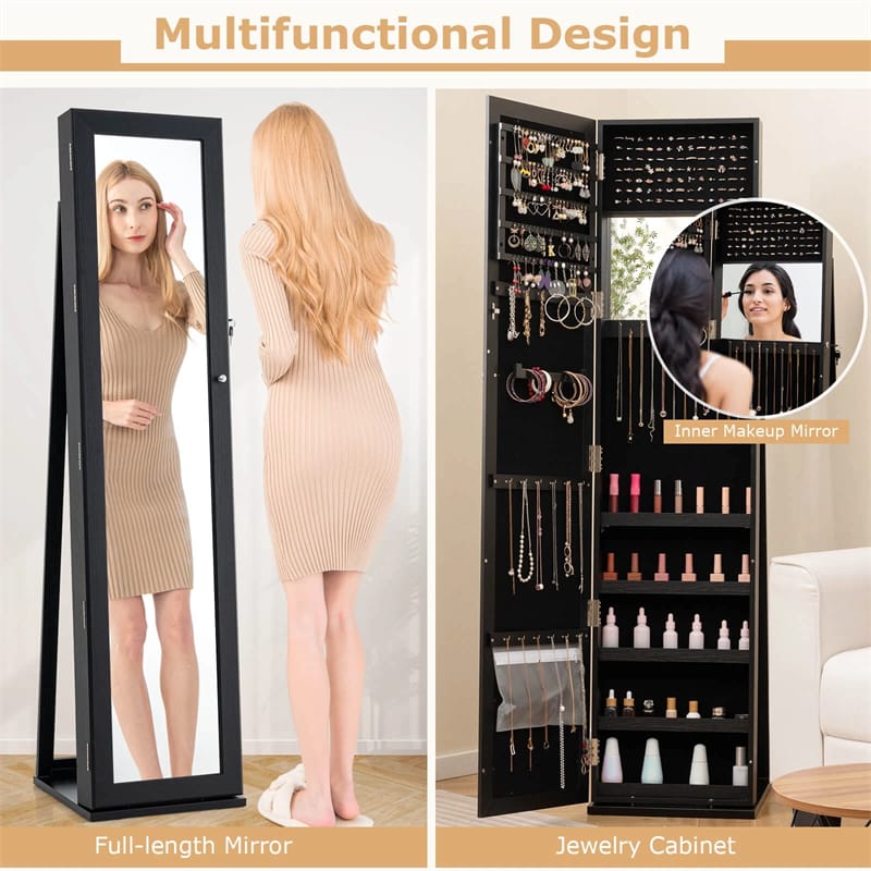 Standing Jewelry Armoire with Full Length Mirror, 2-in-1 Lockable Jewelry Cabinet Organizer Inside Makeup Mirror, Large Storage Capacity