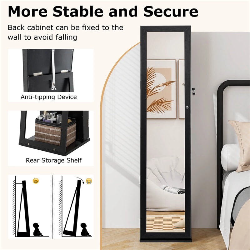 Standing Jewelry Armoire with Full Length Mirror, 2-in-1 Lockable Jewelry Cabinet Organizer Inside Makeup Mirror, Large Storage Capacity