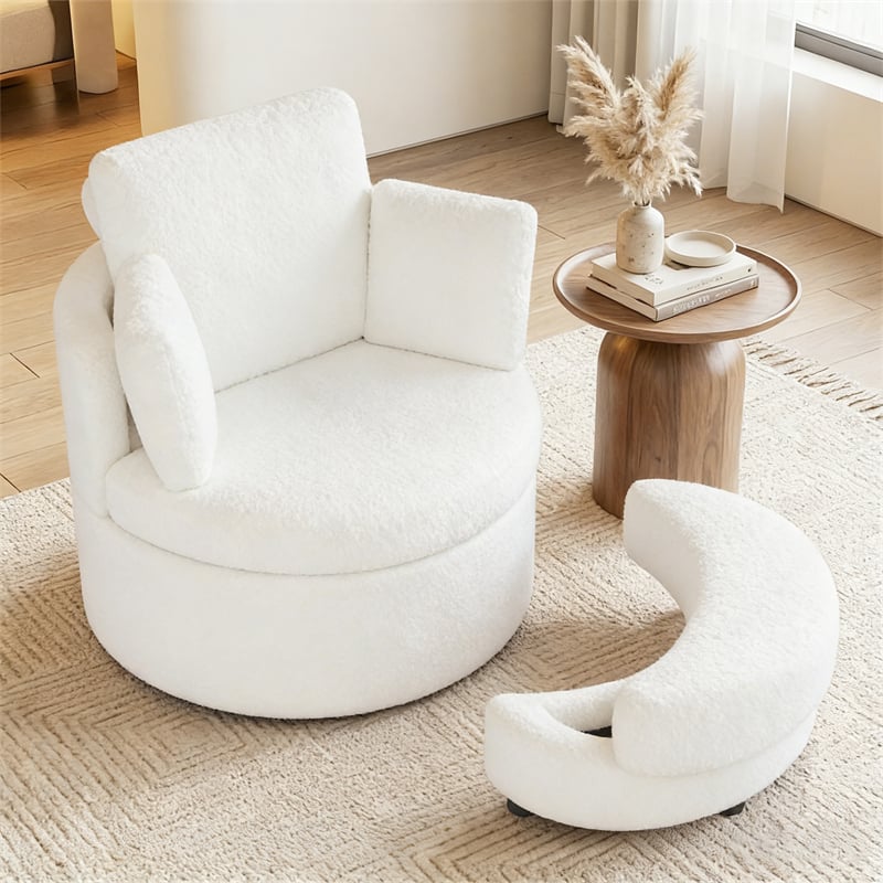 360° Swivel Accent Barrel Chair with Half Moon Storage Ottoman, Teddy Fleece Single Sofa Set with 3 Removable Pillows for Living Room & Bedroom