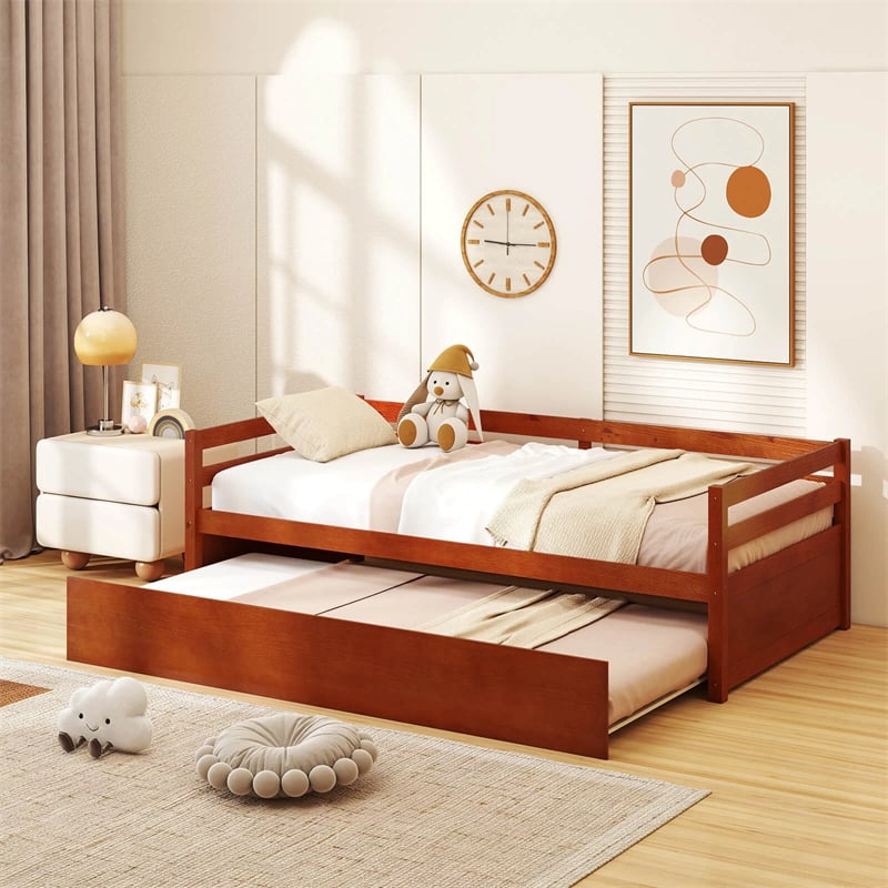 Twin Daybed with Trundle, Wooden Trundle Platform Bed Frame with Wood Slat Support for Guest, Kids & Living Rooms, No Box Spring Needed