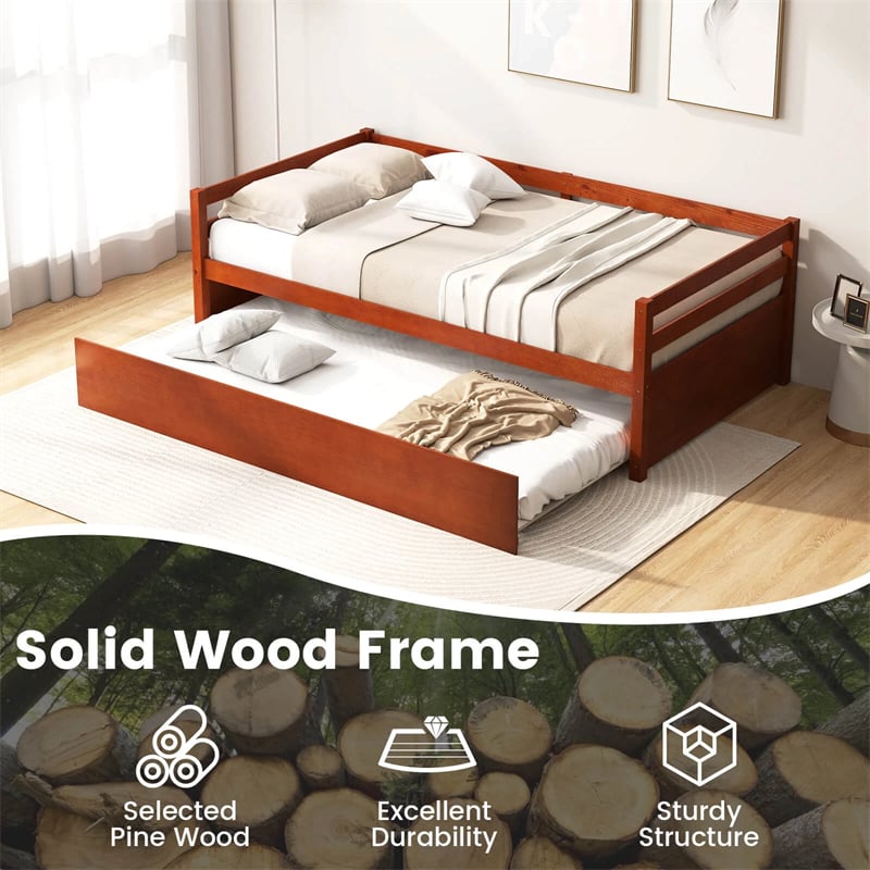 Twin Daybed with Trundle, Wooden Trundle Platform Bed Frame with Wood Slat Support for Guest, Kids & Living Rooms, No Box Spring Needed